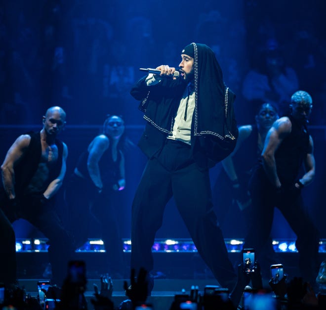 Bad Bunny performs during his Most Wanted Tour at The Moody Center Friday, April 26, 2024.
